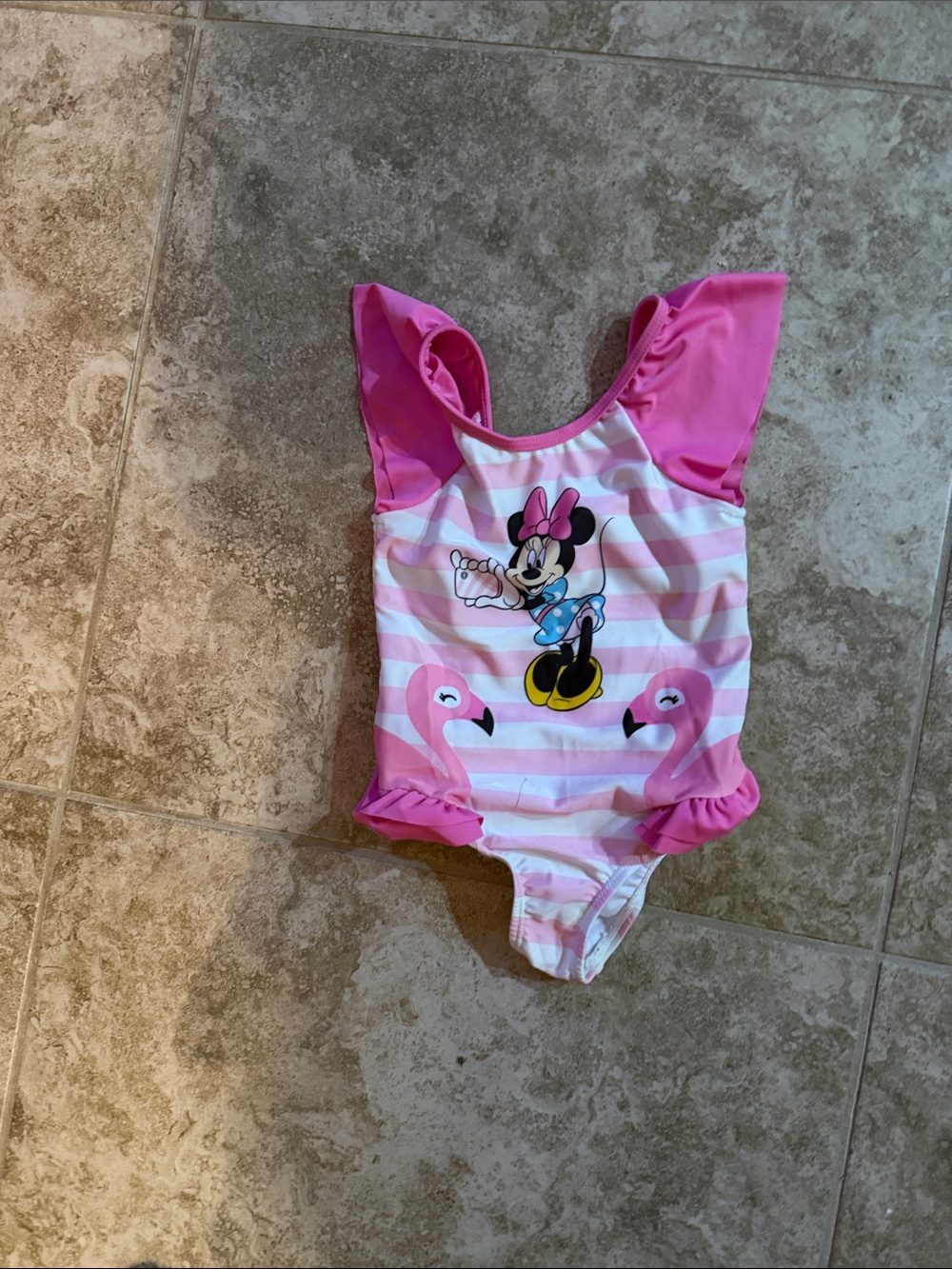 Minnie Mouse Pink Stripe Girls' One-Piece Swimsuit with Flamingo Accents